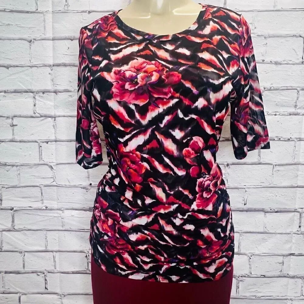 White House Black Market Women's Multicolor Floral Abstract Pullover Mesh Top